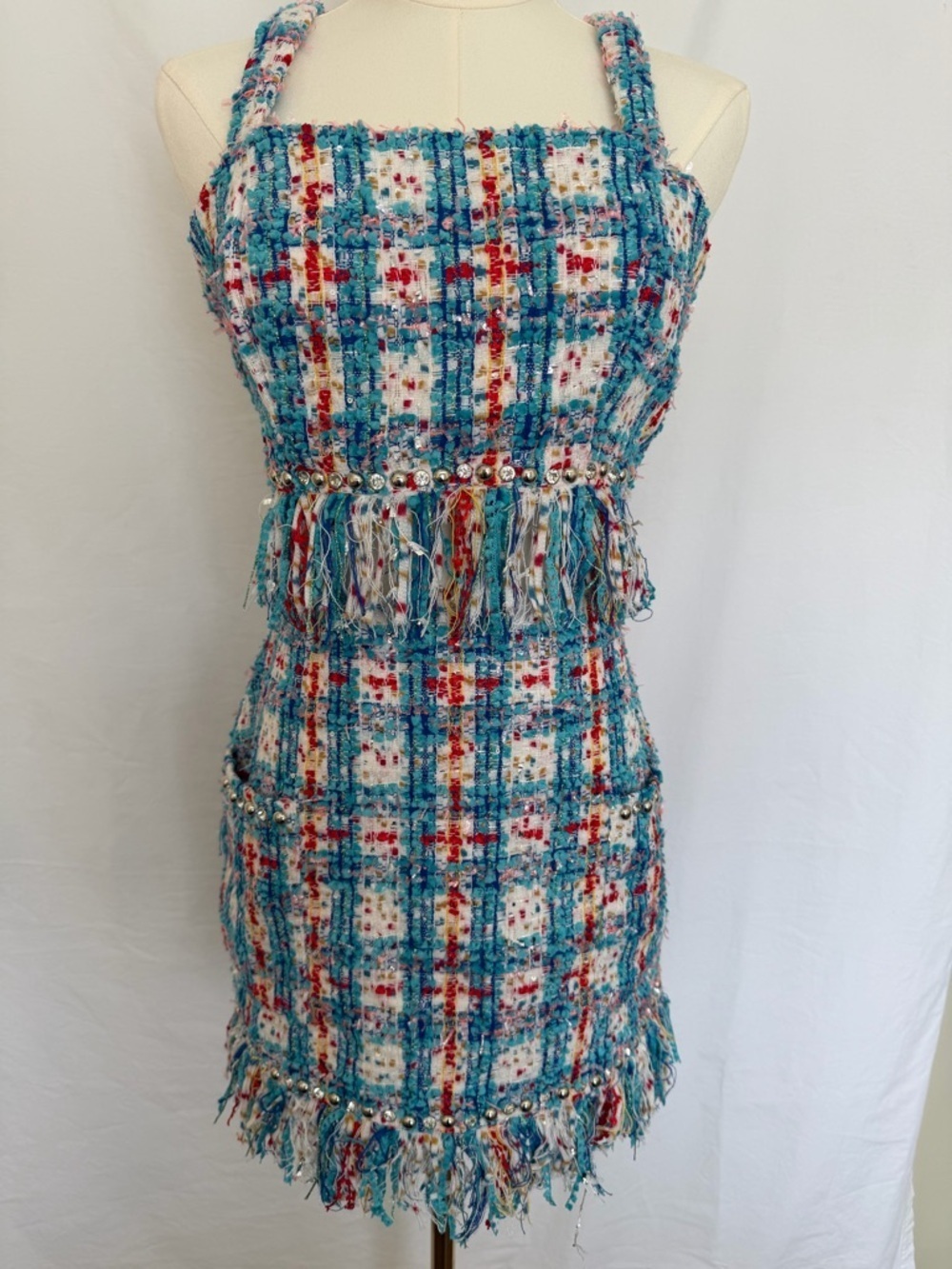 2 PIECE SET Main Strip Multicolor Tweed Fringe Top and Skirt Set